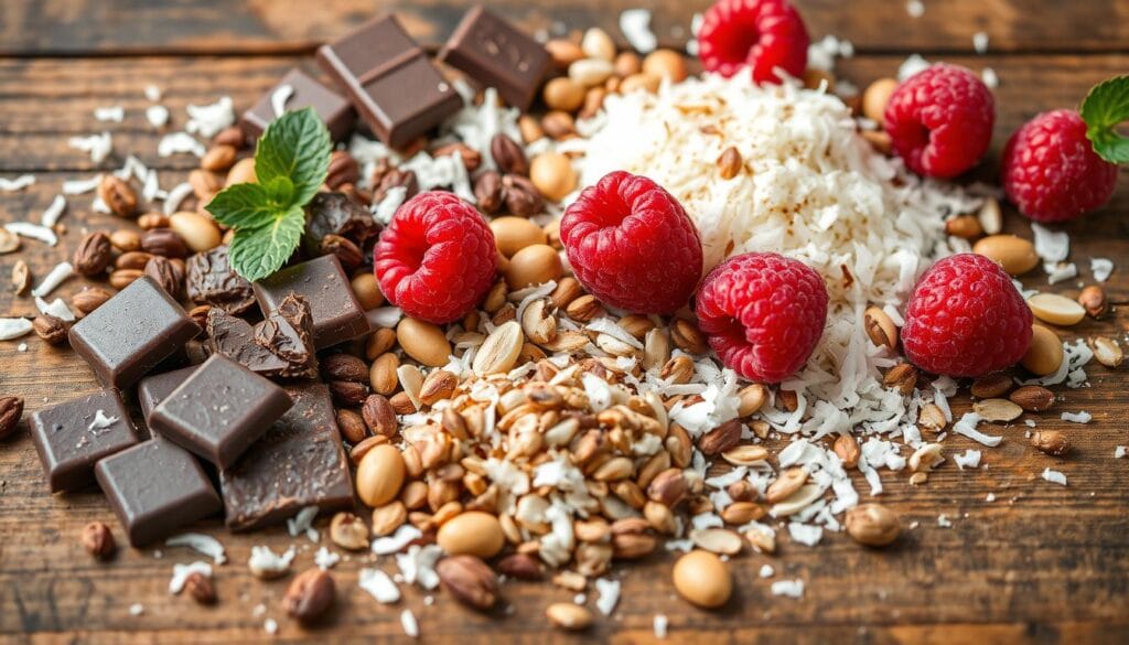 Ingrédients snacks choco coco framboises