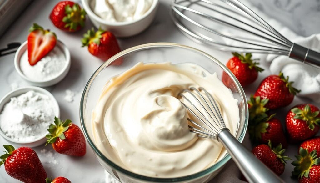 Préparation crème mascarpone tiramisu fraises