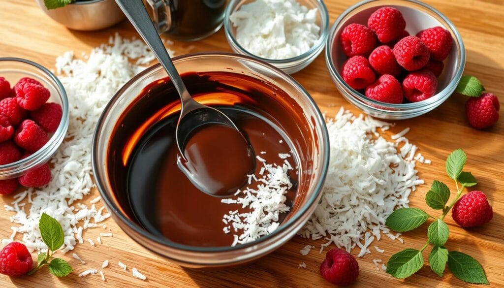 Préparation des snacks chocolat coco framboises